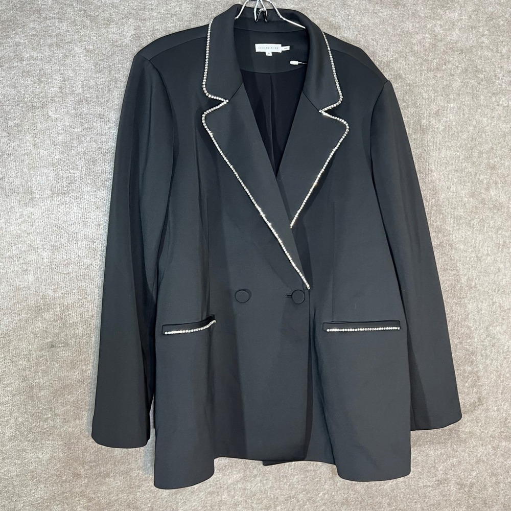 Good American Blazer Women Size 5 Black Rhinestone Trim Double Breasted Glam